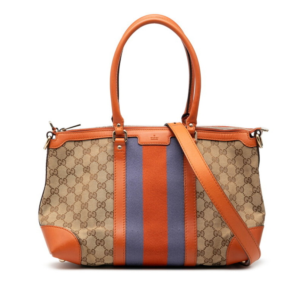 Gucci Brown Canvas Monogram Shoulder Bag with Orange and Blue Stripes